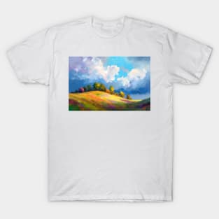 Abstract landscape with hills and trees and cloudy sky. T-Shirt